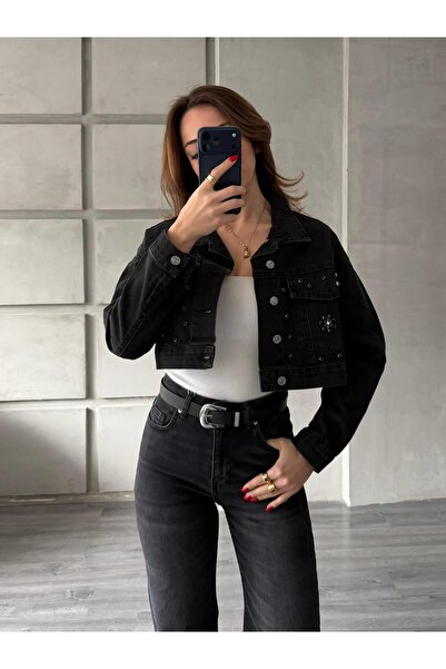 Coral Çiçek Taş Detaylı Ceket 24151 Siyah