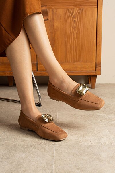 dabab shoes Lira Tan Stone Detailed Suede Women's Loafer