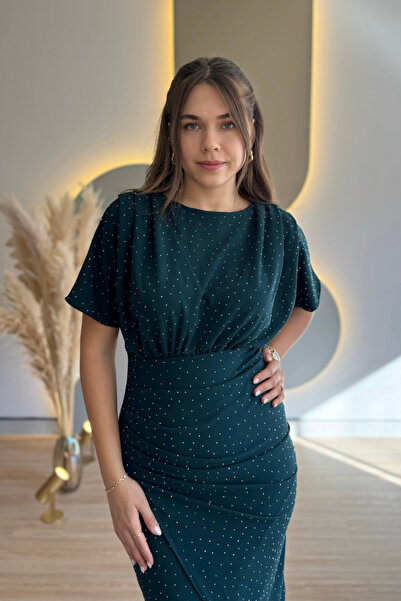 Aventien Draped Stone Emerald Midi Dress