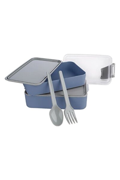BREZIUM Double food container with cutlery, Blue/Grey, 0.9L,