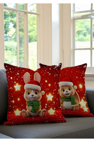 Pillow Home New Year Themed Set of 4 Rabbit Patterned Red Digital Print Throw Pillow Covers Decorative Pillowcases