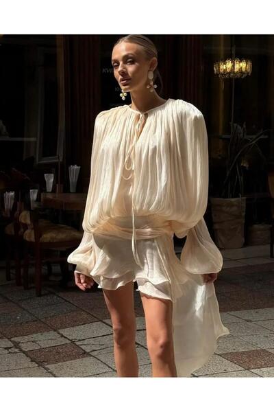 LEVABOUTIQUE Silky Satin Textured Pleated Volume Sleeve Evening Mini Dress