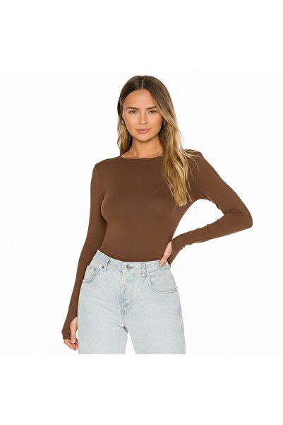 Bliss Women's Crew Neck Finger Detail Bodysuit 3-Piece Set – Black White Brown