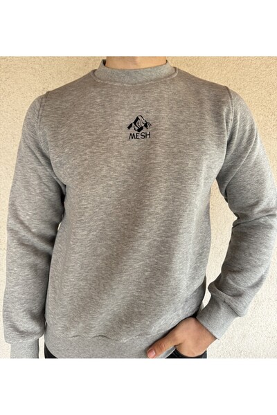 Mesh Men's Gray Premium Sweatshirt – Regular Fit – Crew Neck – Embroidered Winter Model
