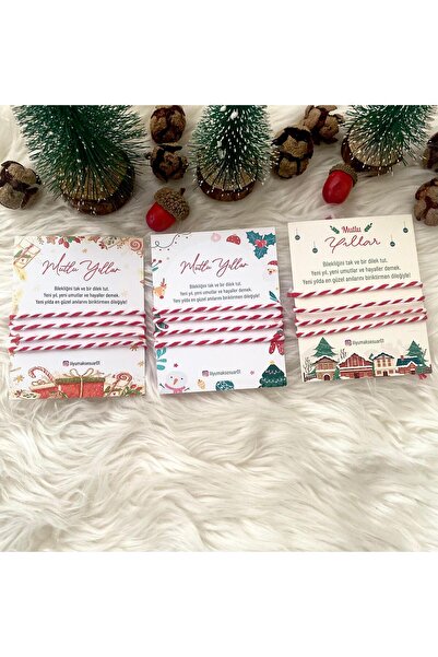 Lilyum Aksesuar 4'lü Kırmızı-Beyaz İpli Bileklik Yeni Yıl Yılbaşı Kartı Hediy...