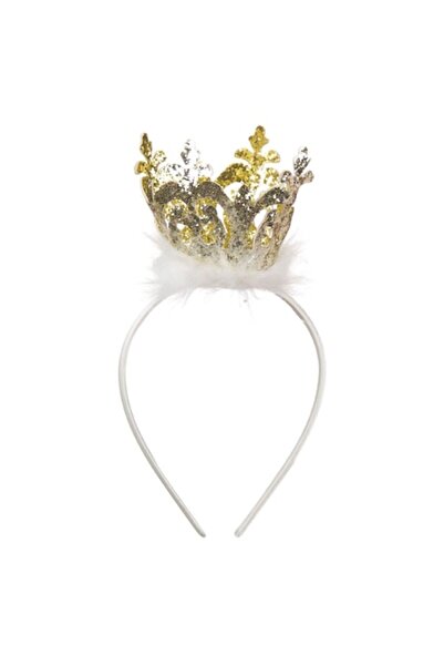 OEM Hair crown with golden glitter crown and white feathers, 6.5 cm