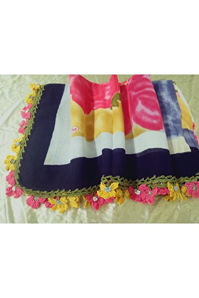 hoaryage Handmade Needlework, Shuttle and Crochet Embroidery, Cheesecloth Yemeni, Scarf, 4-Sided Embroidered 100X100 cm