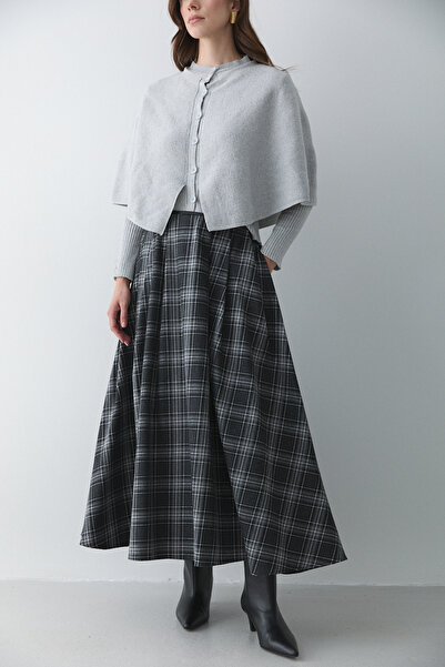 Laluvia Anthracite Gray Leather Striped Plaid Skirt - 4977