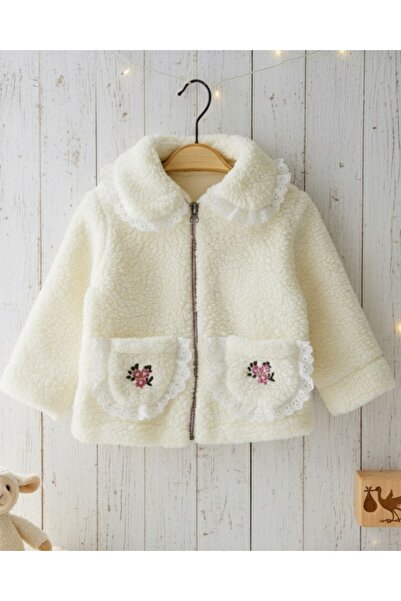 Ege Bebek Baby Girl 1-2-3 Years Old, Floral Embroidery, Lamb Cardigan with Ruffle Detail, Jacket, Fleece Cardigan Jacket