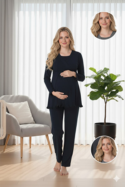 Lohussa Women's Navy Blue Long Sleeve Double-Breasted Collar Special Design Maternity Pajama Set