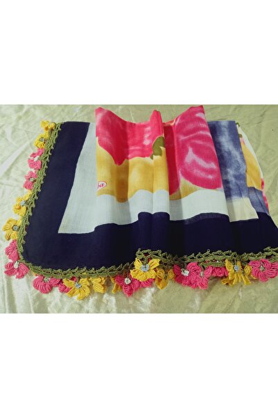 hoaryage Handmade Needlework, Shuttle and Crochet Embroidery, Cheesecloth Yemeni, Scarf, 4-Sided Embroidered 100X100 cm