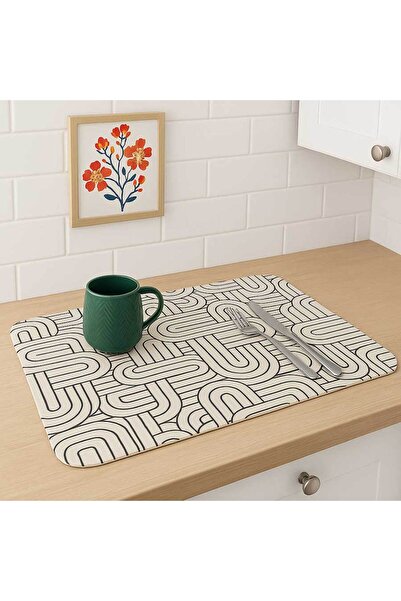 HAPPY MEOW Absorbent kitchen countertop mat, drying kitchen utensils, 60x40cm, cream with geometric pattern