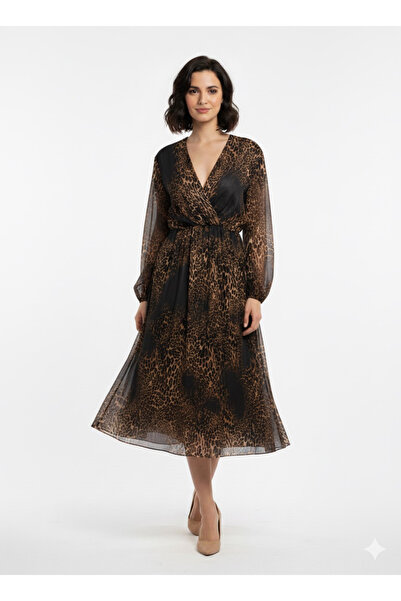 della moor Siyah İtalyan Leopar Desen Kruvaze Yaka Astarlı Uzun İpek Elbise
