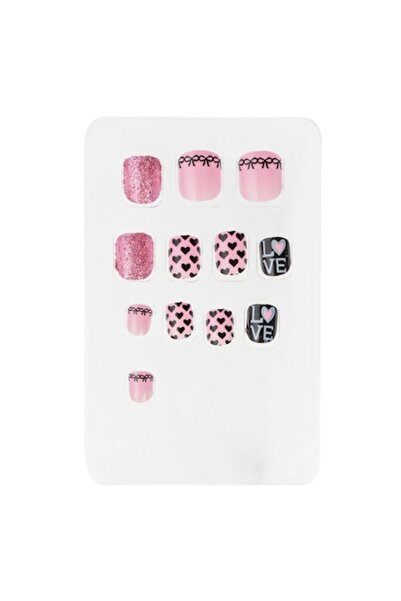 OEM Unghii false adezive roz și negre pentru copii „Love”