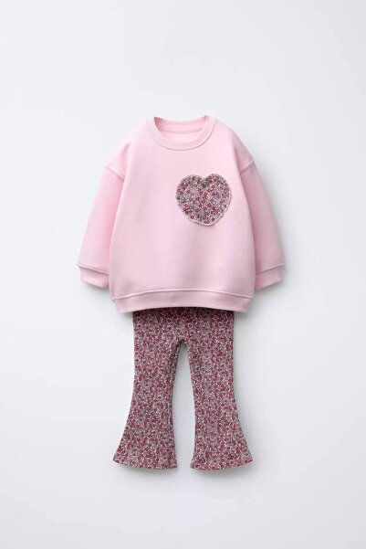 Pinkitokids Flower Printed Heart Detailed Sweatshirt and Leggings Set