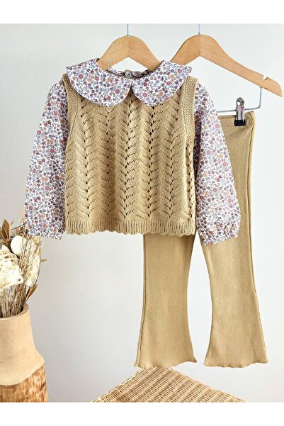 Pinkitokids Knitwear Set with Floral Collar and Shirt Detail