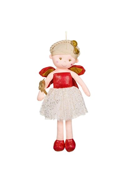 OEM Christmas Angel Doll - Blonde Hair, Tulle Skirt with Stars, Red & Gold Glitter Wings, Golden Wand