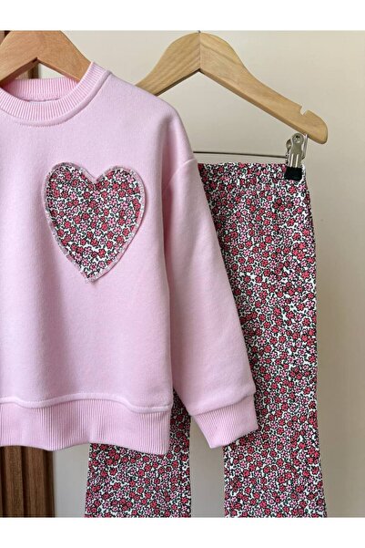 Pinkitokids Flower Printed Heart Detailed Sweatshirt and Leggings Set