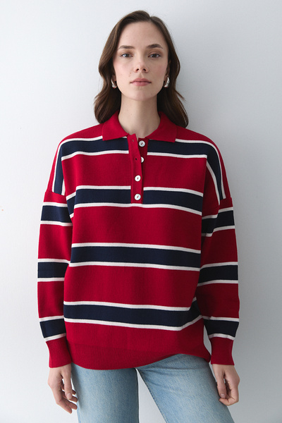 Laluvia Red Navy Blue Polo Neck Striped Sweater - 251129