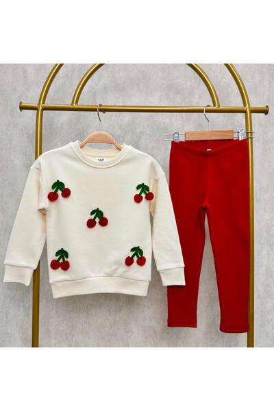 Magu Girl's Cotton Cream Cherry Appliqued Sweatshirt and Red Pants Set