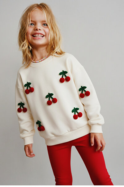 Magu Girl's Cotton Cream Cherry Appliqued Sweatshirt and Red Pants Set