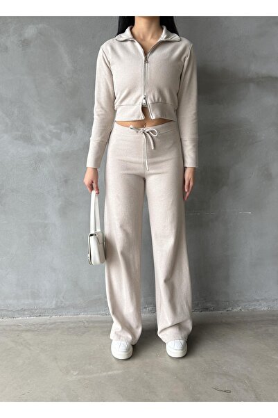 EYLANA Women's Double Zipper Selanik Fabric Tracksuit Set