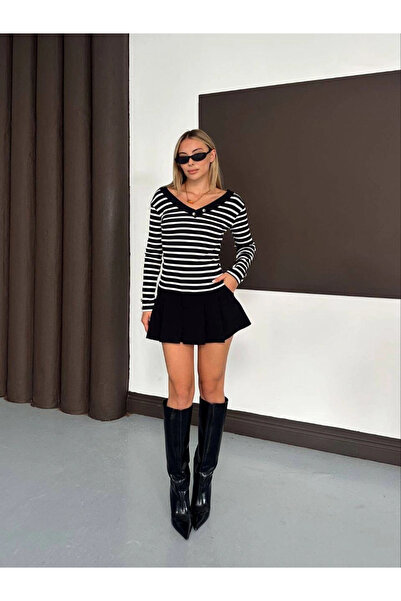 TH COLLECTİON V-Neck Blouse with Buttoned Sleeves and Collar Black A4047 - m