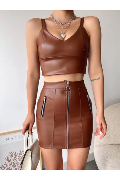 ZENGEZUR MALL Mtxdpn Three Zippered Leather Skirt Coffee S24510 (215157) (Size: S)