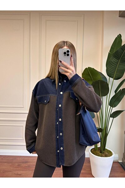 Alyalisbutik TRİKO GARNİLİ KOT GÖMLEK - LACİ/KAHVE