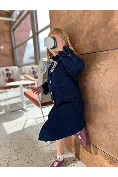 Magu Girls' Cotton Denim Jacket and Pleated Denim Skirt Set