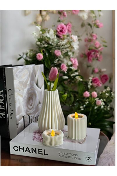 KUKO DESIGN Dekoratif Baskı Lineer 3'lü Vazo Seti + 2'li Mumluk | Minimal Şık...