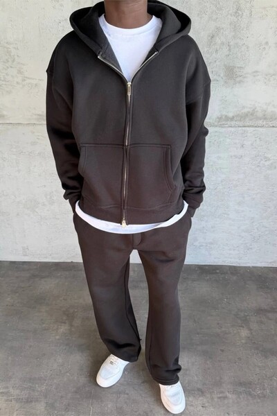 MADZEYMODA Men's Oversized Mold Fleece-Lined Black Bottom Top Tracksuit Set Ke-7029