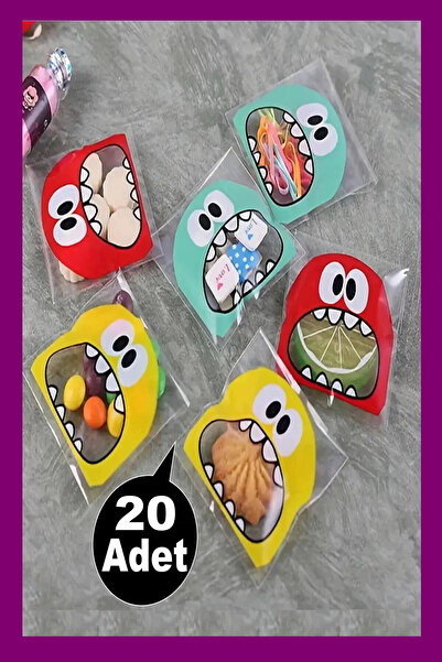 Hyd Canavar Desenli Bantlı Şeffaf Poşet Hediyelik Kendinden Yapışkanlı Jelatin 10x15cm 20 Adet