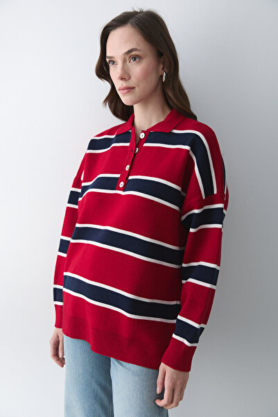 Laluvia Red Navy Blue Polo Neck Striped Sweater - 251129