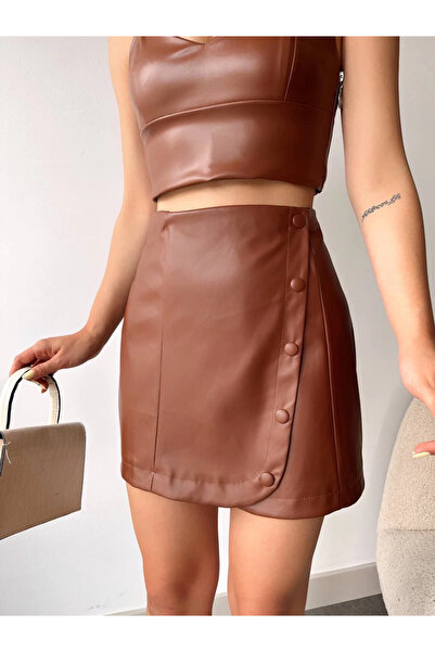 ZENGEZUR MALL Mtxdpn Five-Button Oval Leather Skirt Coffee H240068 (215044) (Size: S)