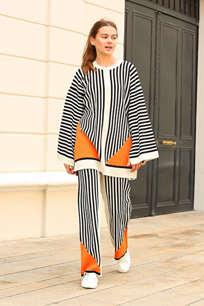 ZENGEZUR MALL Set de tricotaje cu dungi MTXDPN guler rotund alb (220941) (Mărime: standard)