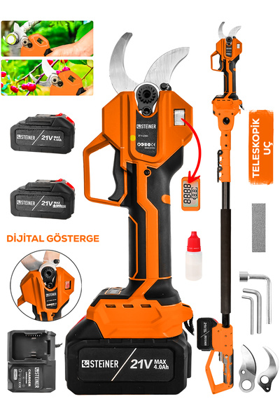 STEİNER T-50 Mm Dijital Kömürsüz Akülü Bağ Dal Ağaç Kesme Biçme Budama Şarjlı Makası Makinesi + Teleskop