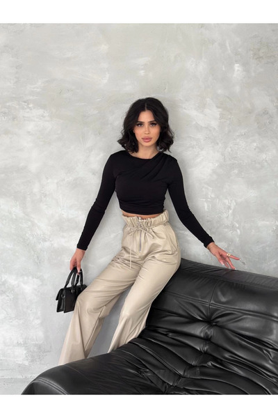 ZENGEZUR MALL Mtxdpn Self-Slimming Belt Leather Pants Beige T1178 (220913) (Size: S)