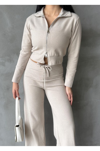 EYLANA Women's Double Zipper Selanik Fabric Tracksuit Set