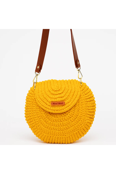 BUNILU Poseta orange rotunda crosetata, curea din piele maro, handmade