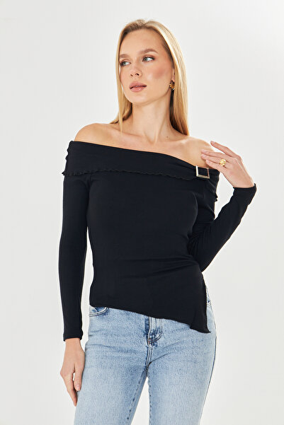 ParlaMira Women's Black Madonna Collar Square Buckle Blouse