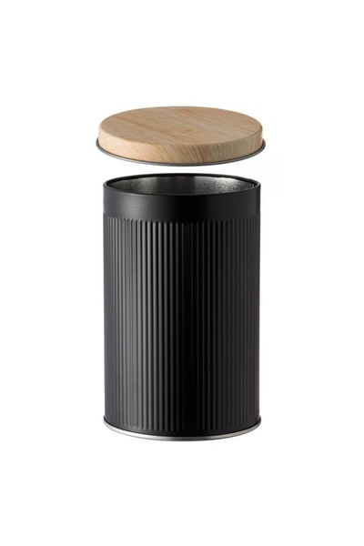 OEM Black cylindrical metal storage box with beige lid, 8.5x13cm