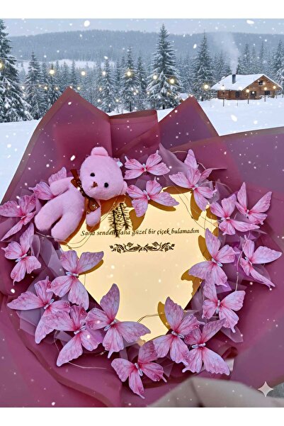 TREND Kelebek Buketi Led Işıklı-özel Ürün-Kalpli Aynali ve Anahtarlıklı Ayıcıklı