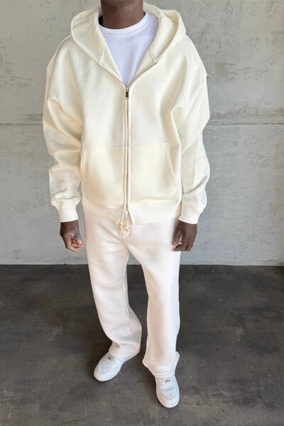 MADZEYMODA Men's Oversized Mold Fleece-Lined Ecru Bottom and Top Tracksuit Set Ke-7029