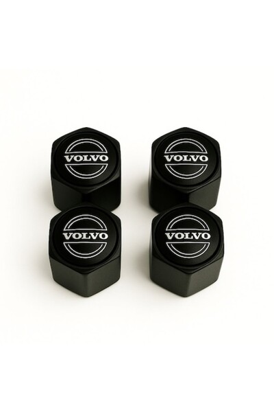 Volvo Set of 4 Hexagonal Valve Caps – New Logo, Matte Black Aluminum