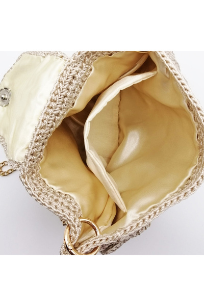 BUNILU Beige crocheted purse, gold chain strap, handmade