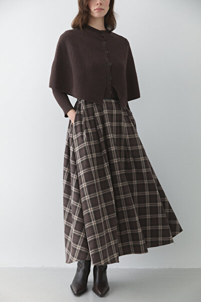 Laluvia Brown Leather Striped Plaid Skirt - 4977