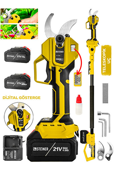 STEİNER S-50 Mm Dijital Kömürsüz Akülü Bağ Dal Ağaç Kesme Biçme Budama Şarjlı Makası Makinesi + Teleskop