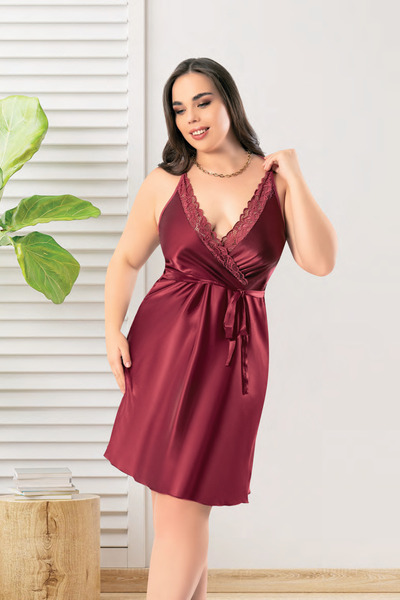 euro click Plus Size Lace Satin Nightgown – Cross Straps, Belted, Burgundy