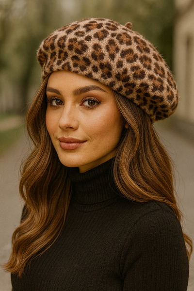 Butik Kadın Leopar Desenli Yumuşak Tüylü Fransız Ressam Bere – Kışlık Şık Peluş Bere